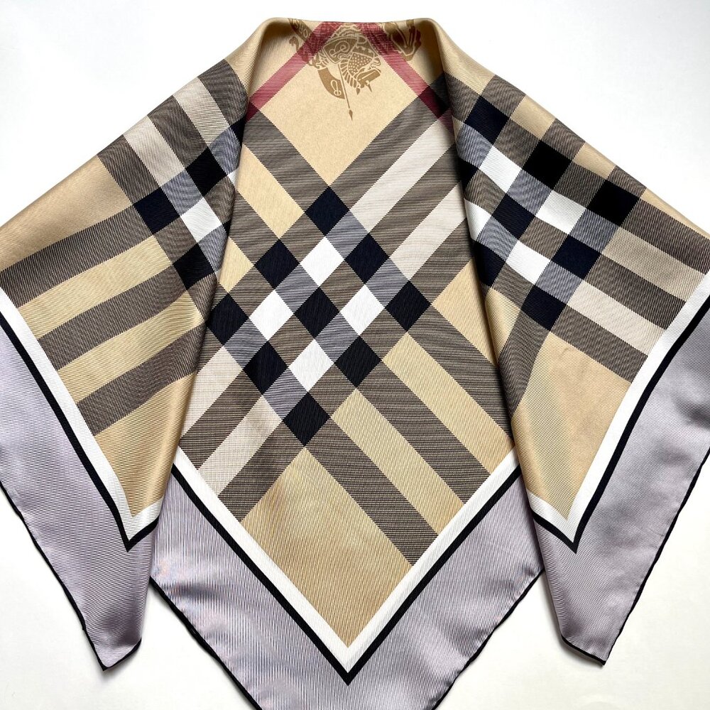 New Burberry Scarf Beige Check Gray Border Silk Wrap - Picture 14 of 15